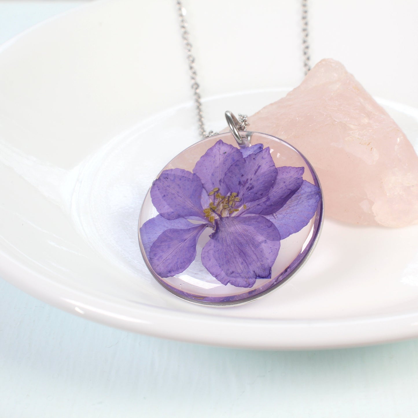 Light purple pressed flower necklace, July birth flower jewelry, real dried flower pendant, handmade resin jewelry, gold filled, larkspur
