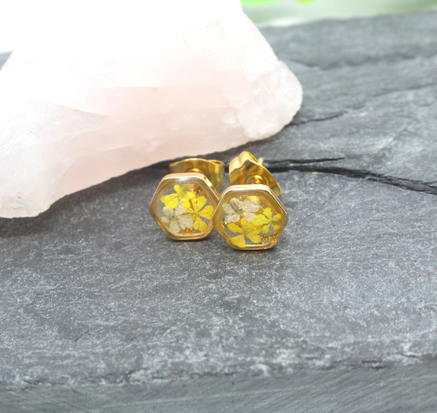 Tiny Pressed Flower Stud Earrings, Gold Hexagon Studs, Yellow Flowers, Pressed Flower Jewelry, Real Pressed Dry Flowers, Titanium, Resin