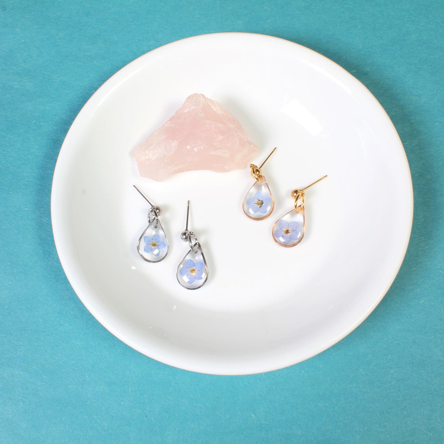 Tiny gold forget me not earrings, small teardrop dangle studs, handmade resin jewelry, pressed flowers, long distance friendship gift nature