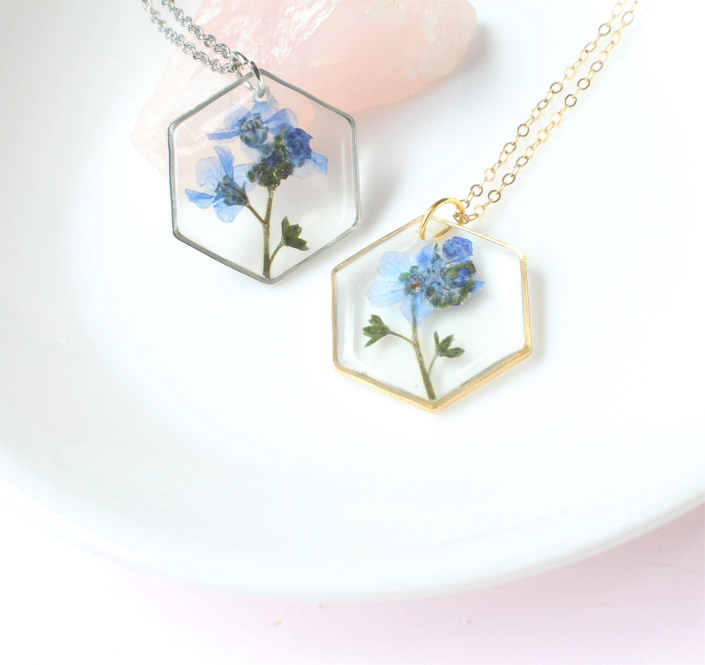 Hexagon Forget-me-not Resin Necklace