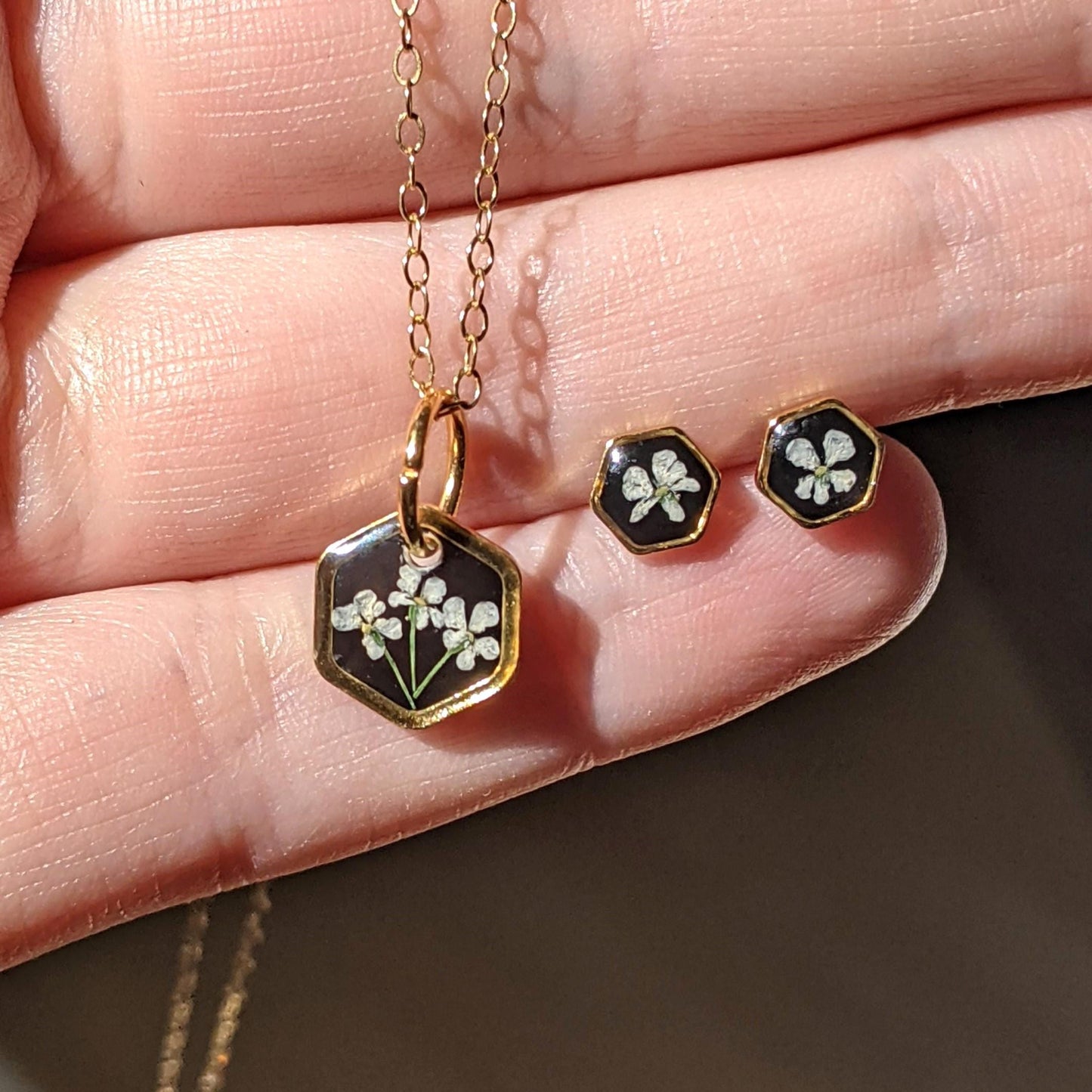 Tiny real pressed flower jewelry set, hexagons, gold silver black white, dainty, minimalist, titanium, handmade resin, mother's day gift