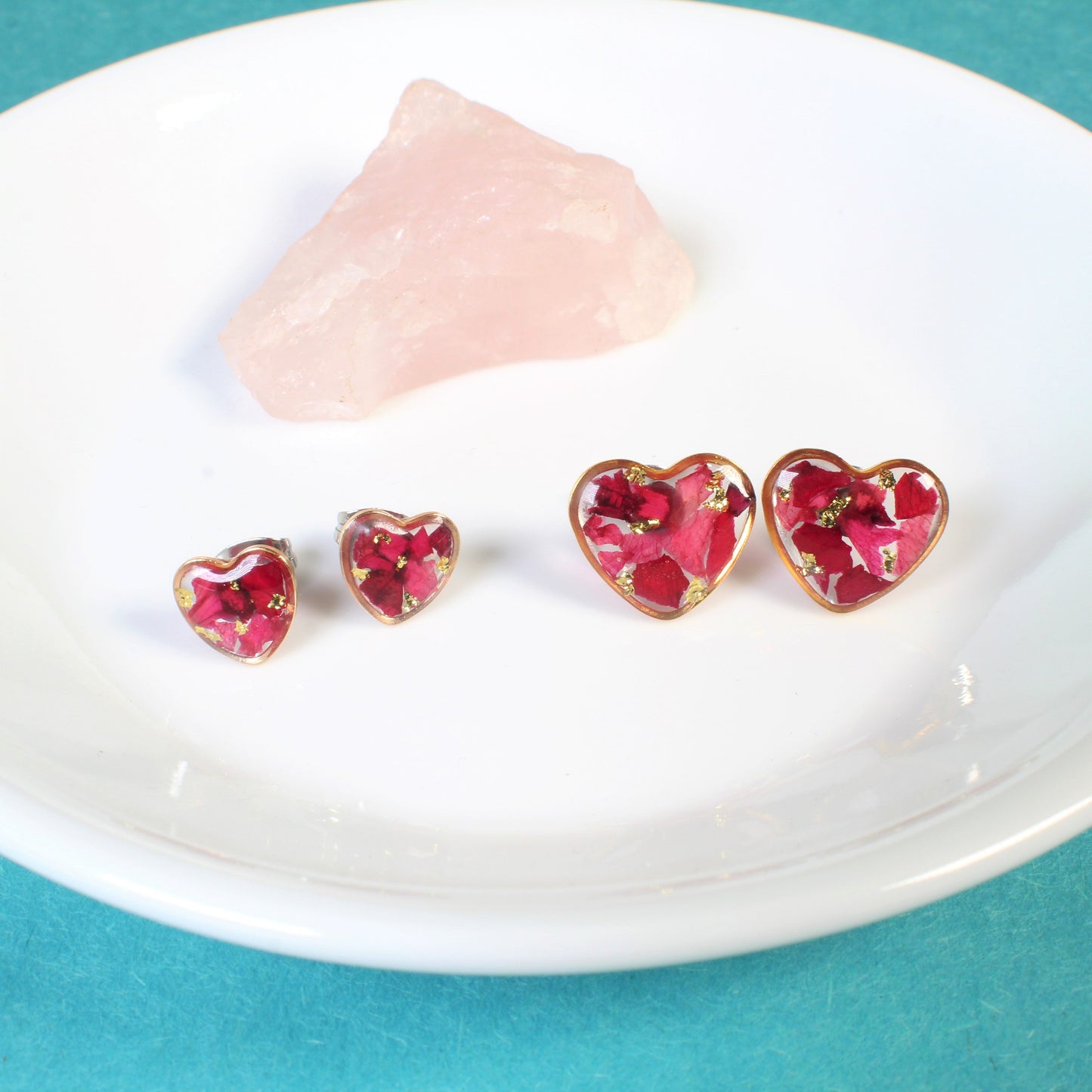 Rose petal heart earrings, real pressed flower studs, crushed rose petals, resin, silver, gold, Mother's day gift for her, heart jewelry