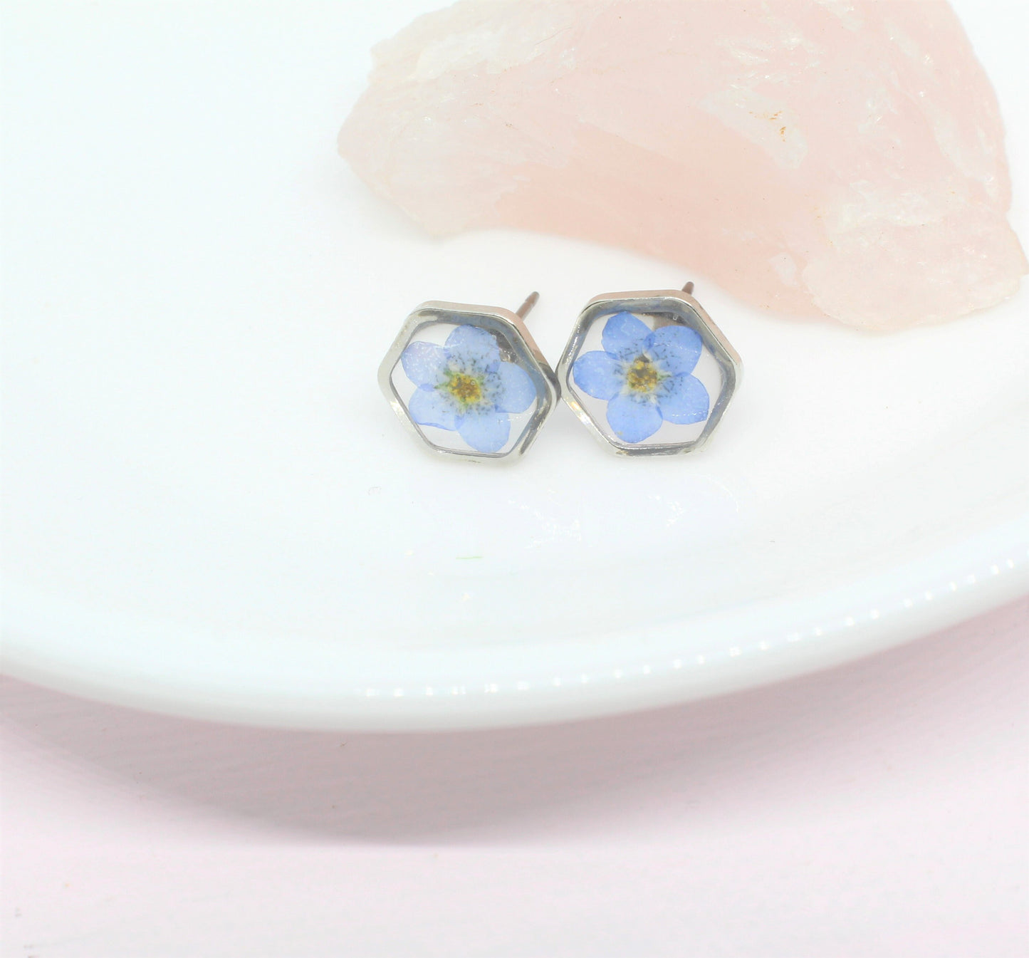 Pressed Flower Earrings, Forget-Me-Not Studs, Hypoallergenic Titanium Posts, Real Dry Flower, Plant, Hexagon, Gold, Silver, Preserved Nature