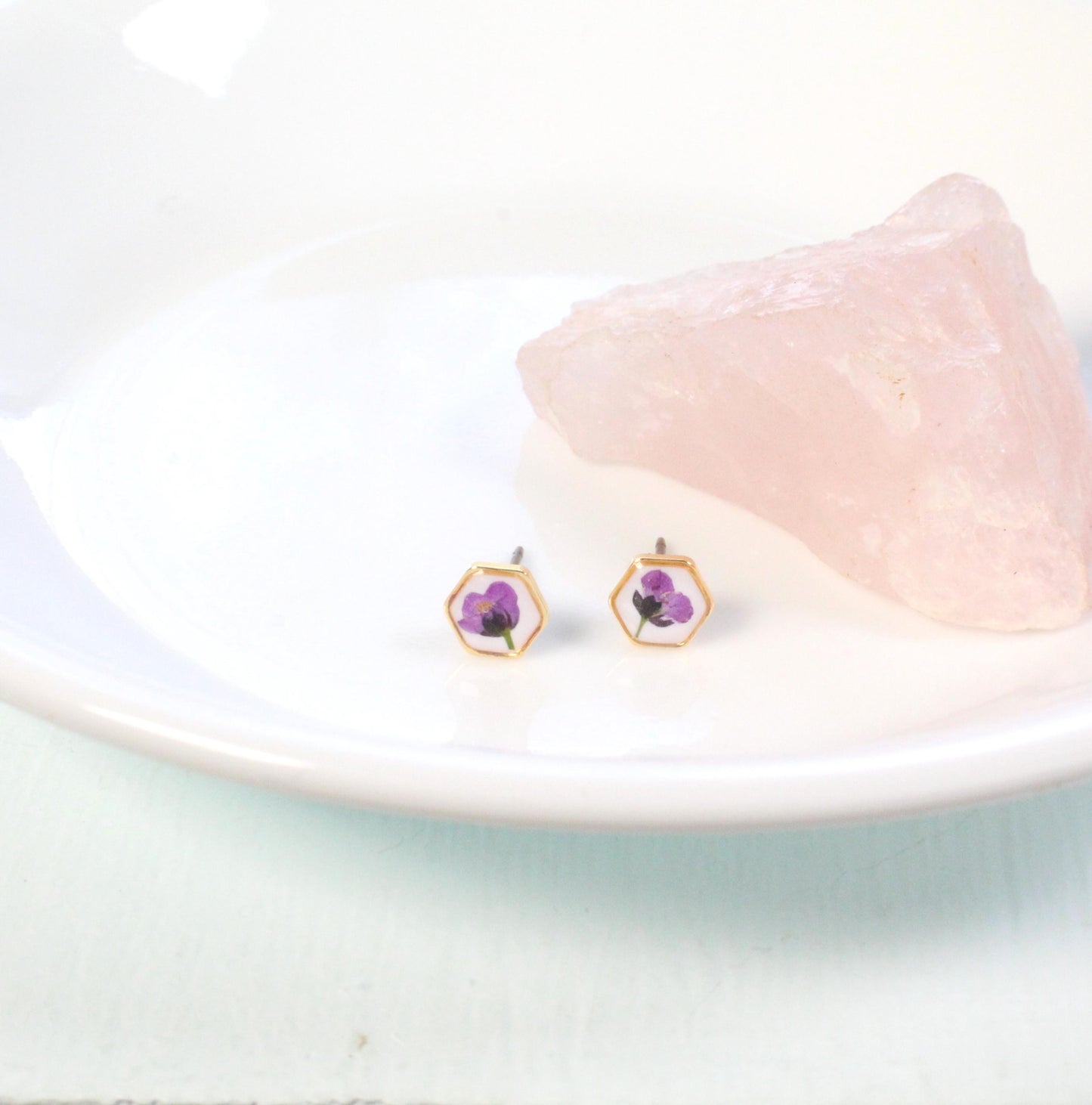 Teeny tiny gold pressed flower earrings, hexagon titanium studs, botanical plant jewelry, nature lover gift, dry flower resin posts, purple