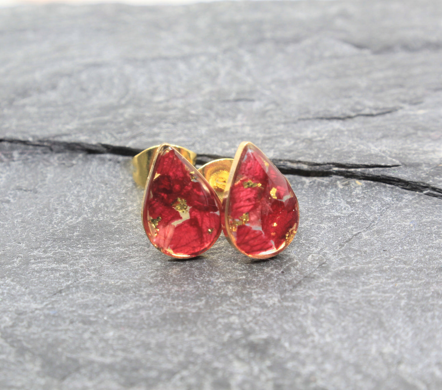 Real Pressed Flower Stud Earrings, Crushed Red Rose Petal Gold Teardrop Posts, Burgundy, Handmade Pressed Flower Jewelry, Bridal, Bridesmaid