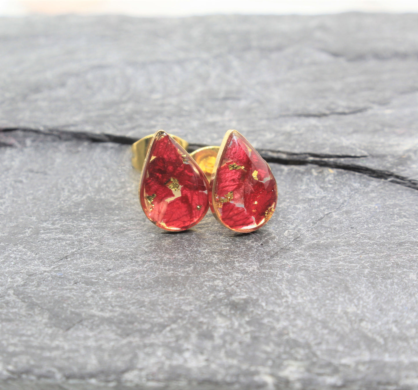 Real Pressed Flower Stud Earrings, Crushed Red Rose Petal Gold Teardrop Posts, Burgundy, Handmade Pressed Flower Jewelry, Bridal, Bridesmaid