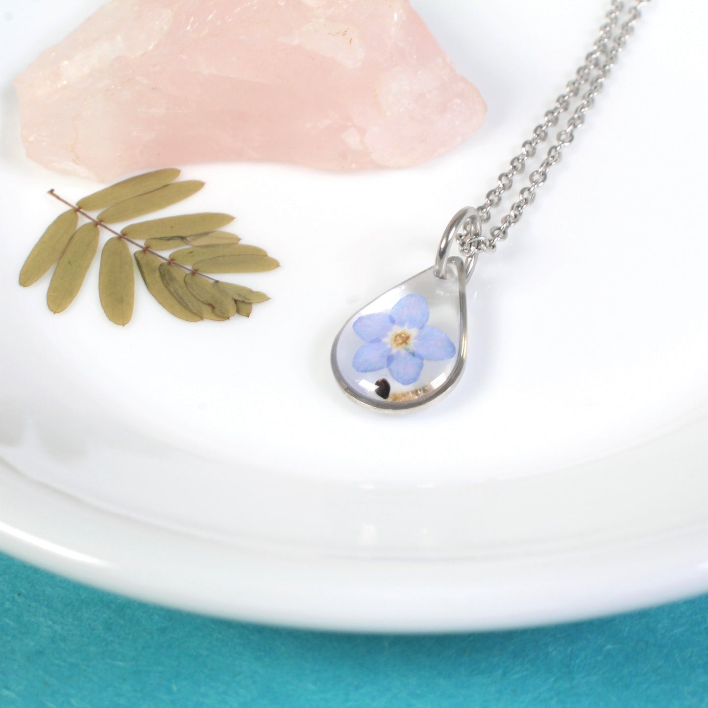 Small teardrop forget-me-not seed and flower necklace, forget me not pendant, miscarriage gift, loss, grief, remembrance, pressed flowers