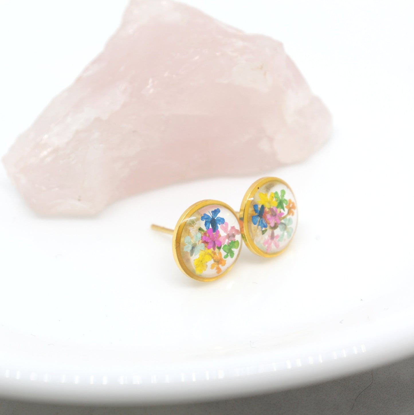 Gold rainbow earrings, pressed flower resin jewelry, colorful circle studs, hypoallergenic titanium, handmade post earrings, dried flowers