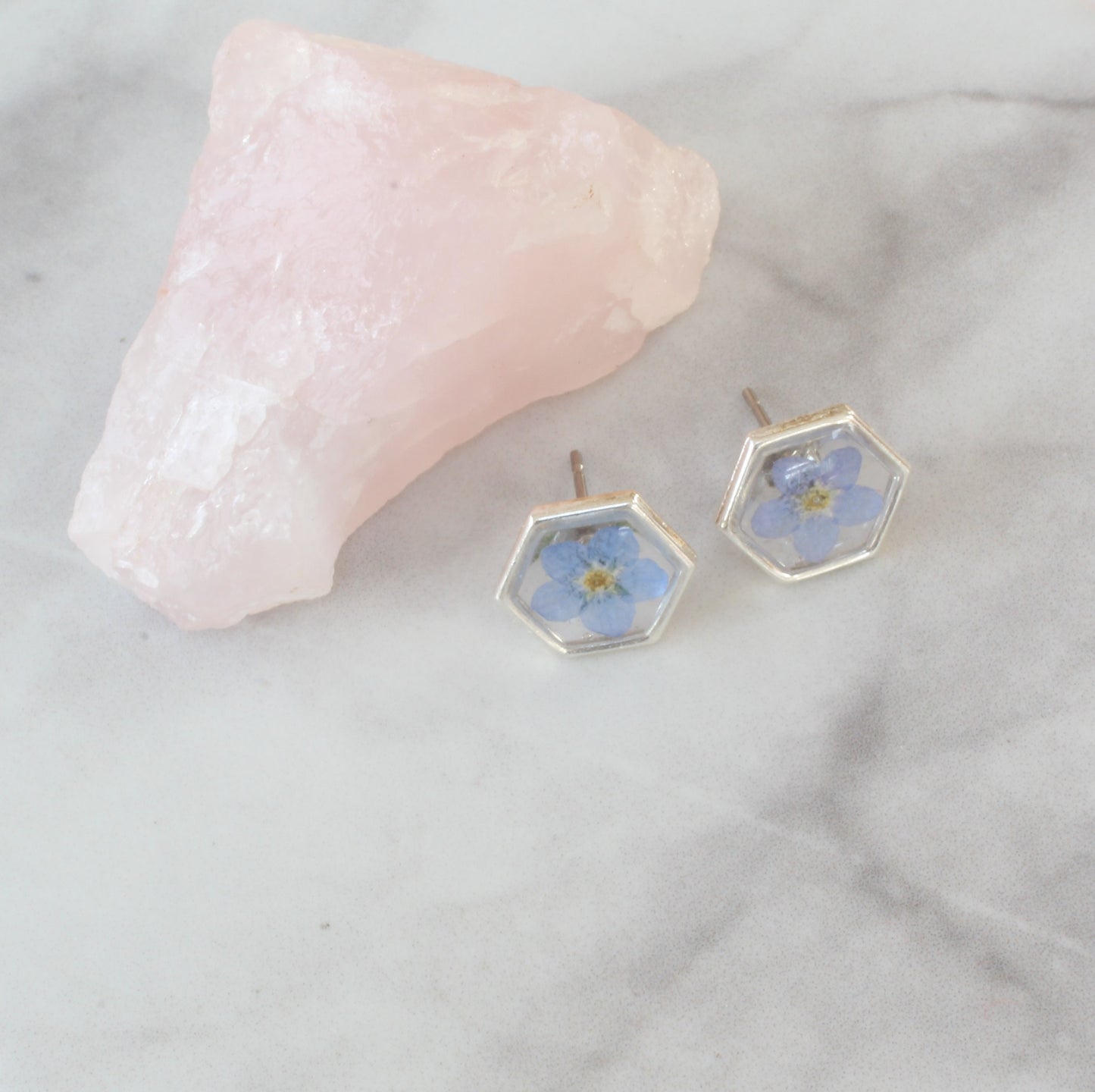 Pressed Flower Earrings, Blue Forget-me-not Studs, Silver Hexagons, Real Dried Flowers, Resin, Plant Jewelry, Forget me not, Titanium Posts