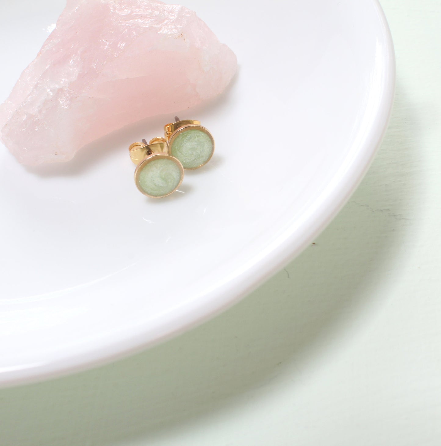Small Modern Minimalist Mint Studs | Resin Post Earrings | Hypoallergenic Titanium | Geometric | Gold Circles, Mint Green | Layering Accent