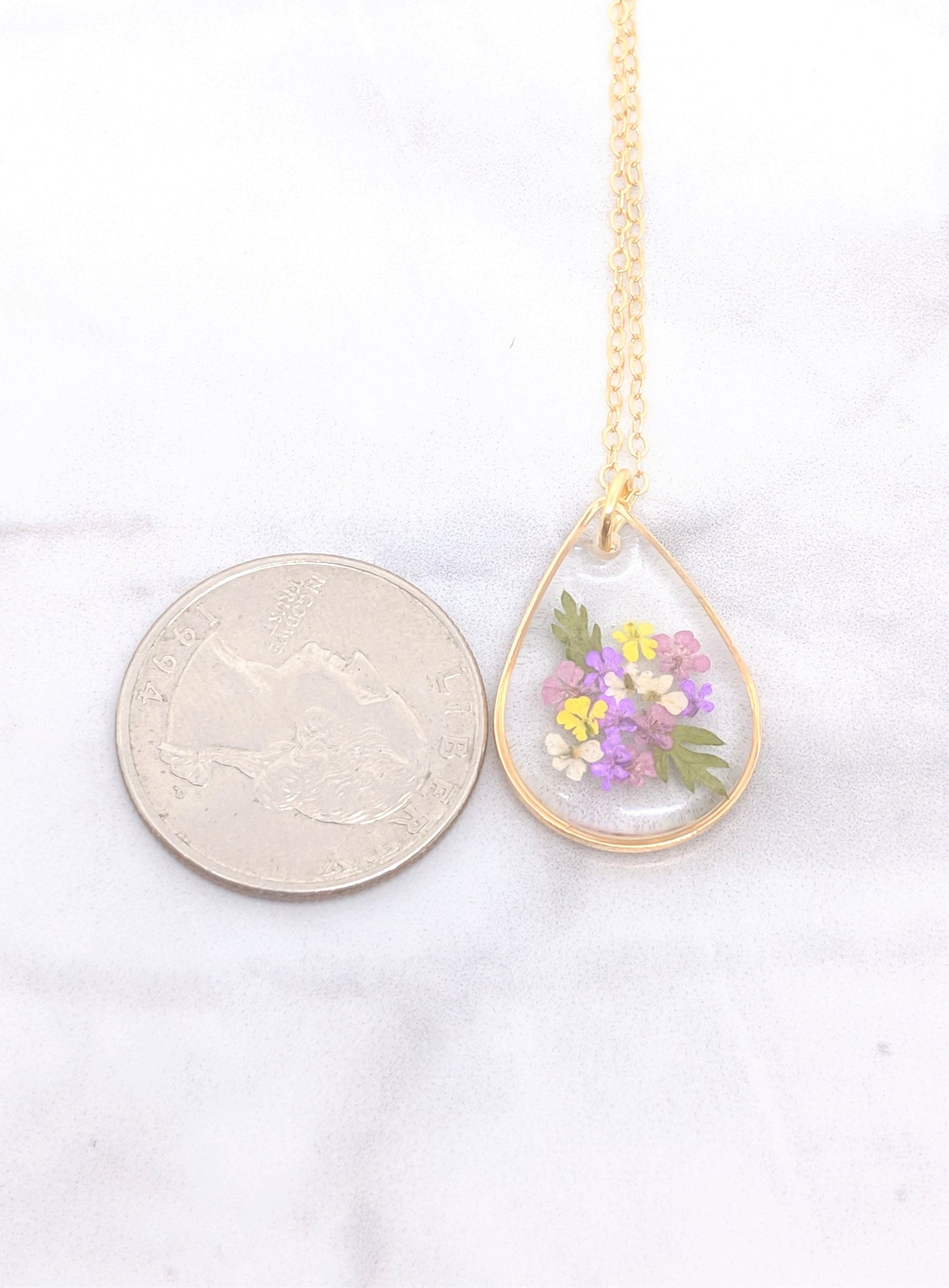 Small Purple Pressed Flower Bouquet Teardrop Pendant Necklace