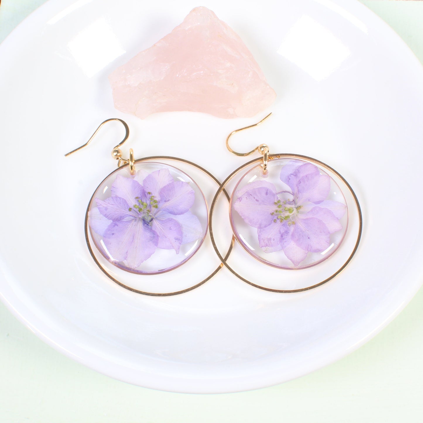July birth flower earrings, large pressed larkspur flower dangles, handmade resin dried flower jewelry, dark or light purple, silver, gold