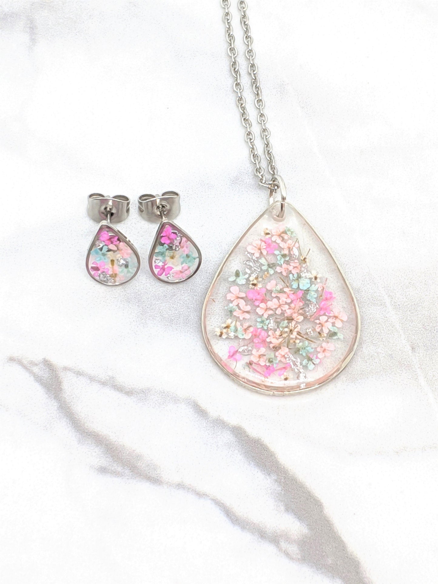 Real Pressed Flowers Silver Teardrop Post Earrings in Pastel Pink Blush and Baby Blue, with Silver Flecks
