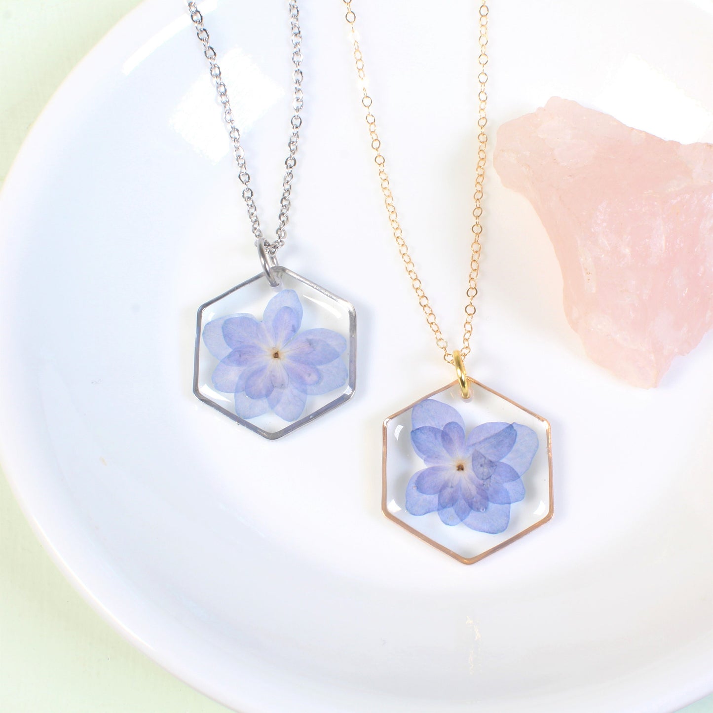 Hydrangea necklace, real pressed flower pendant, purple, blue, gold, silver, handmade resin dried flower jewelry, hexagon, botanical, nature