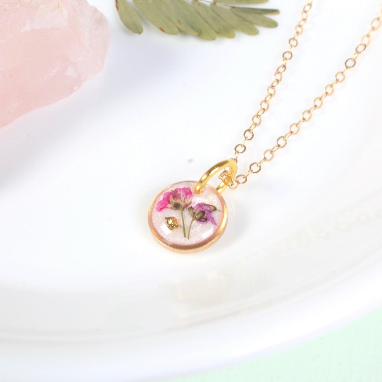 Tiny Pressed Flower Necklace, Dainty Micro Jewelry, Dried Flowers in Resin, Small, Delicate, Handmade Botanical Plant Pendant, Minimalist