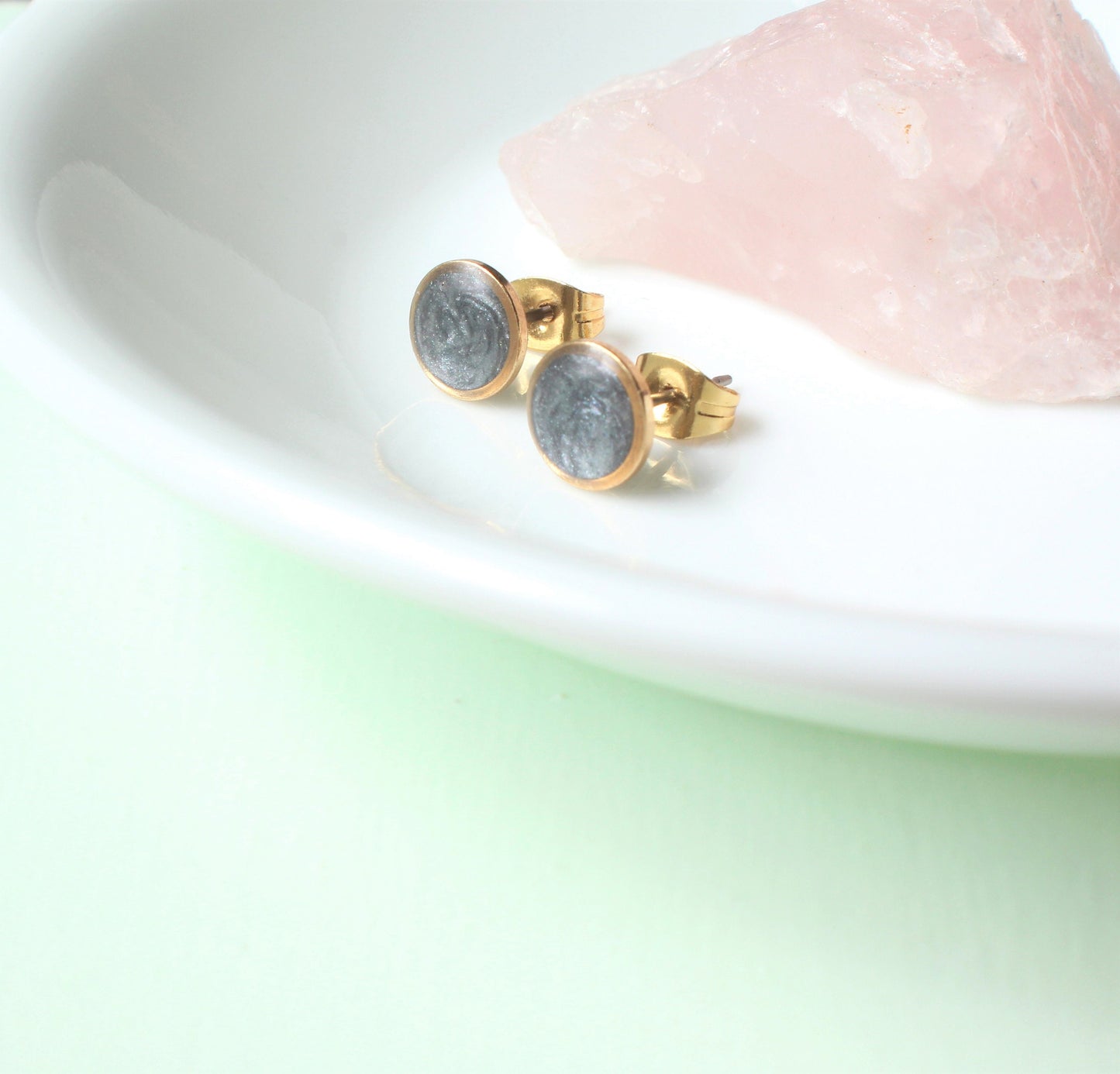Small Modern Minimalist Gray Studs, Resin Earrings, Hypoallergenic Titanium, Geometric, Gold Circles Slate Gray, Layering, Accent Stud Posts