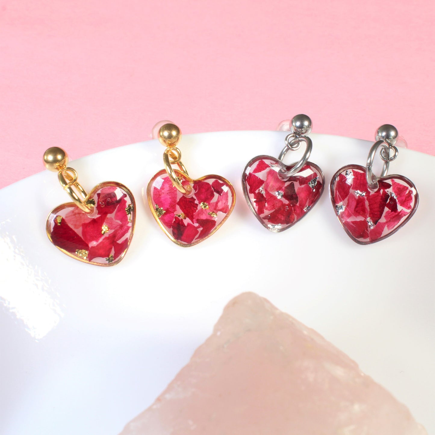 Heart Shaped Rose Petal Resin Dangle Earrings