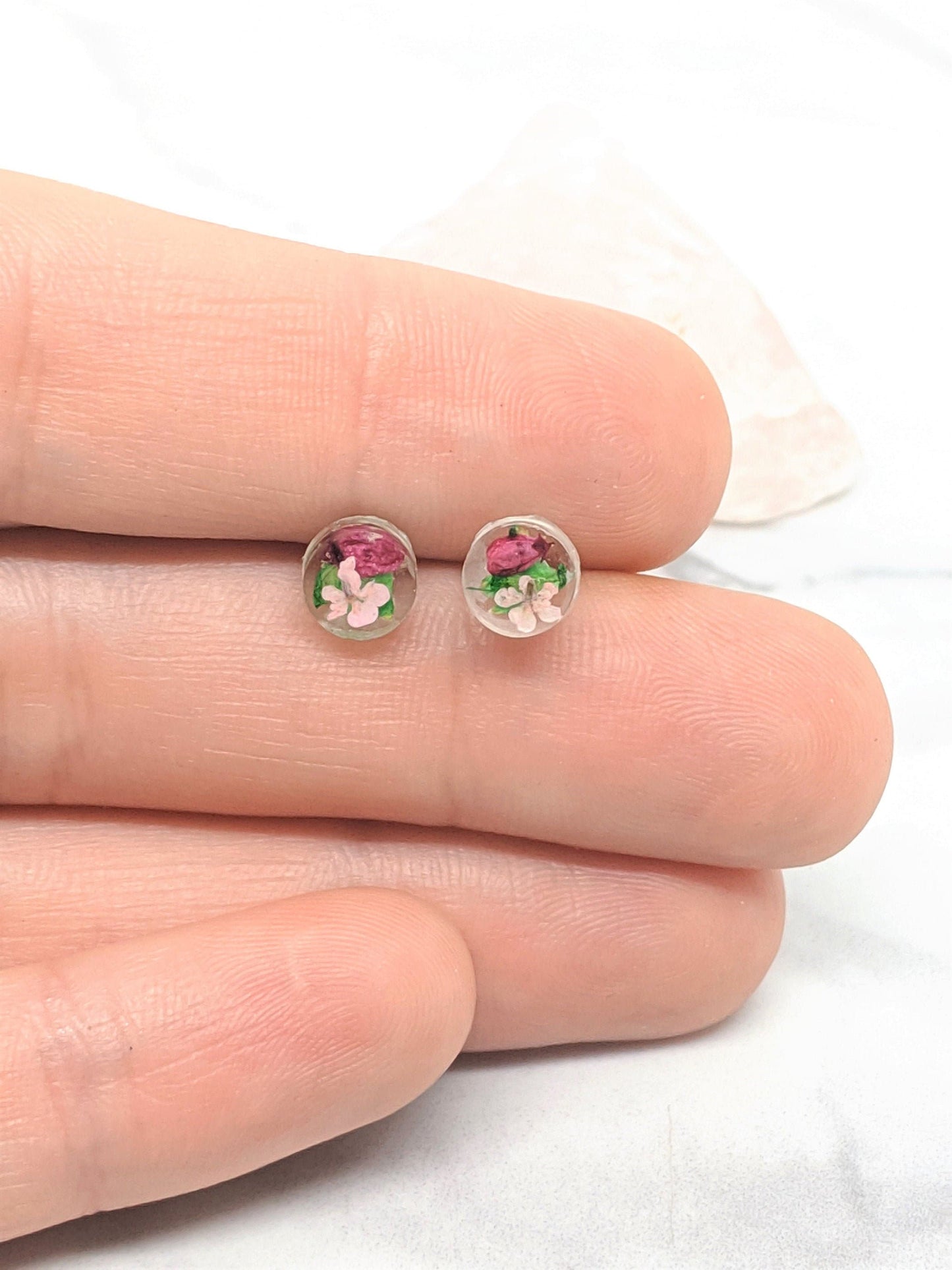 Pressed Flower Earrings, Teeny Tiny Post Earrings in Magenta, Light Pink, and Green, Real Flower Jewelry , Minimalist Posts, Titanium studs