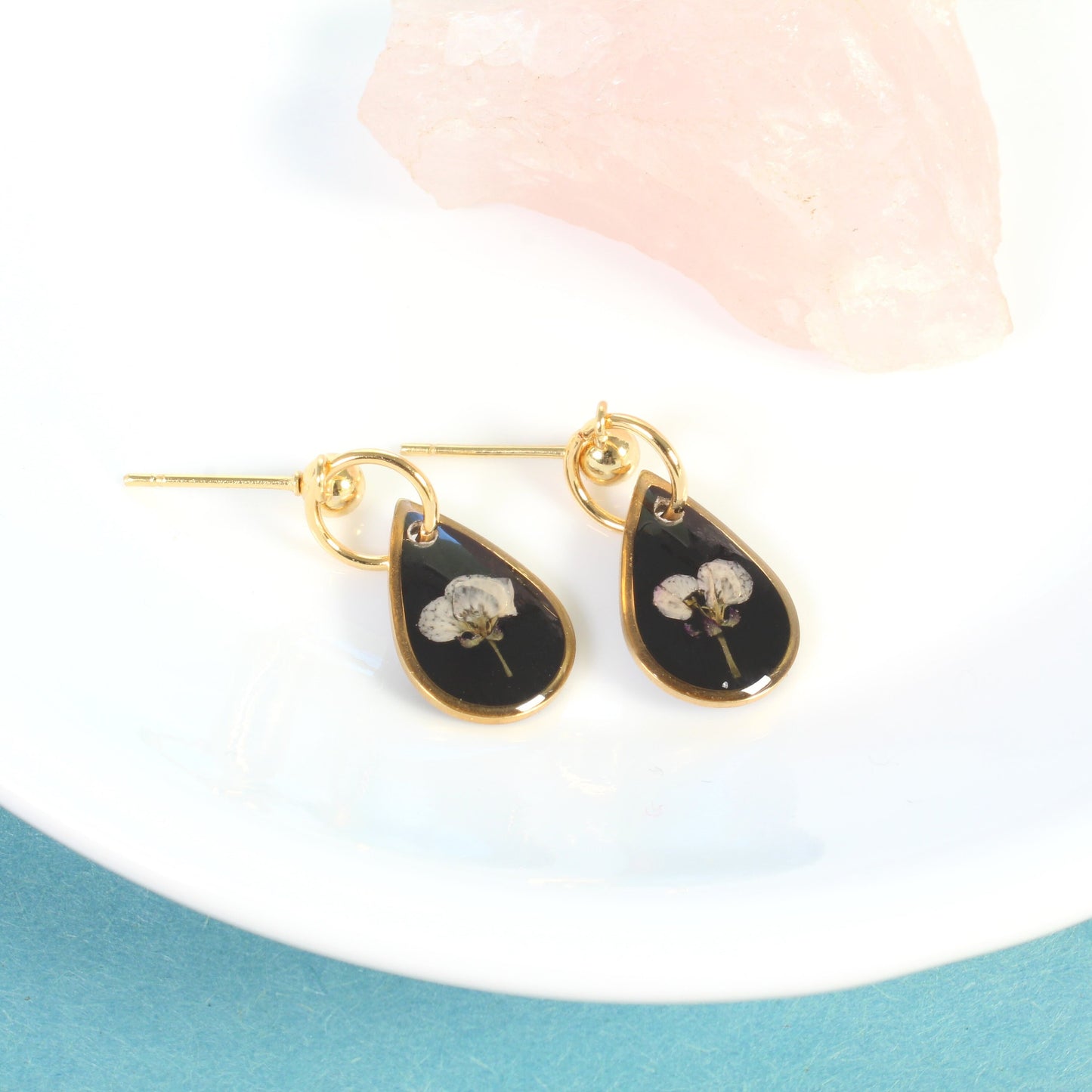 Small silver pressed flower dangle earrings, white, black, handmade resin jewelry, natural botanical studs, wildflowers, plant, nature gift