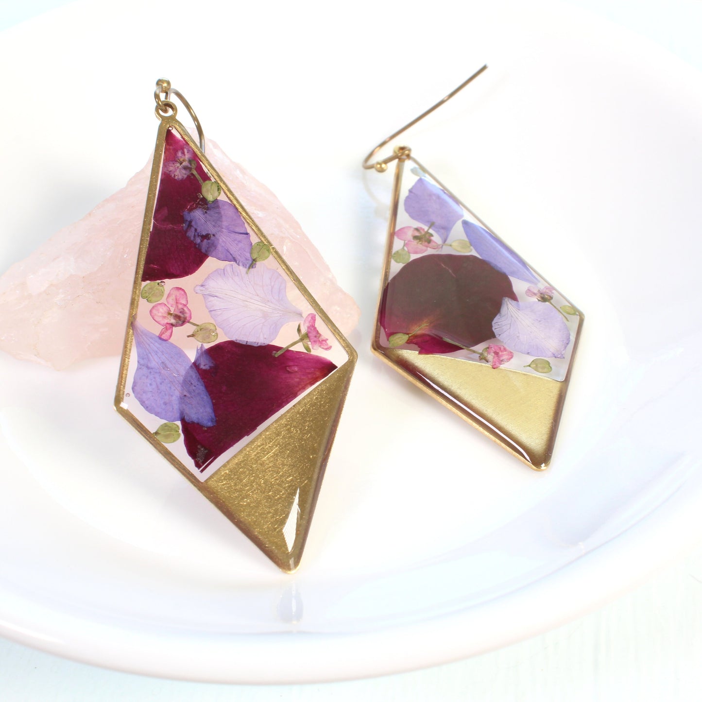 Large Triangular Brass Pressed Flower Resin Dangle Earrings