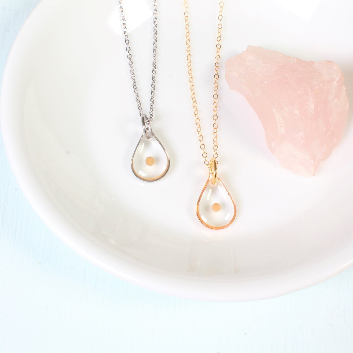 Mustard seed necklace, small teardrop pendant, faith necklace, Christian jewelry, mustard seed jewelry, clear resin, 14k gold filled, silver