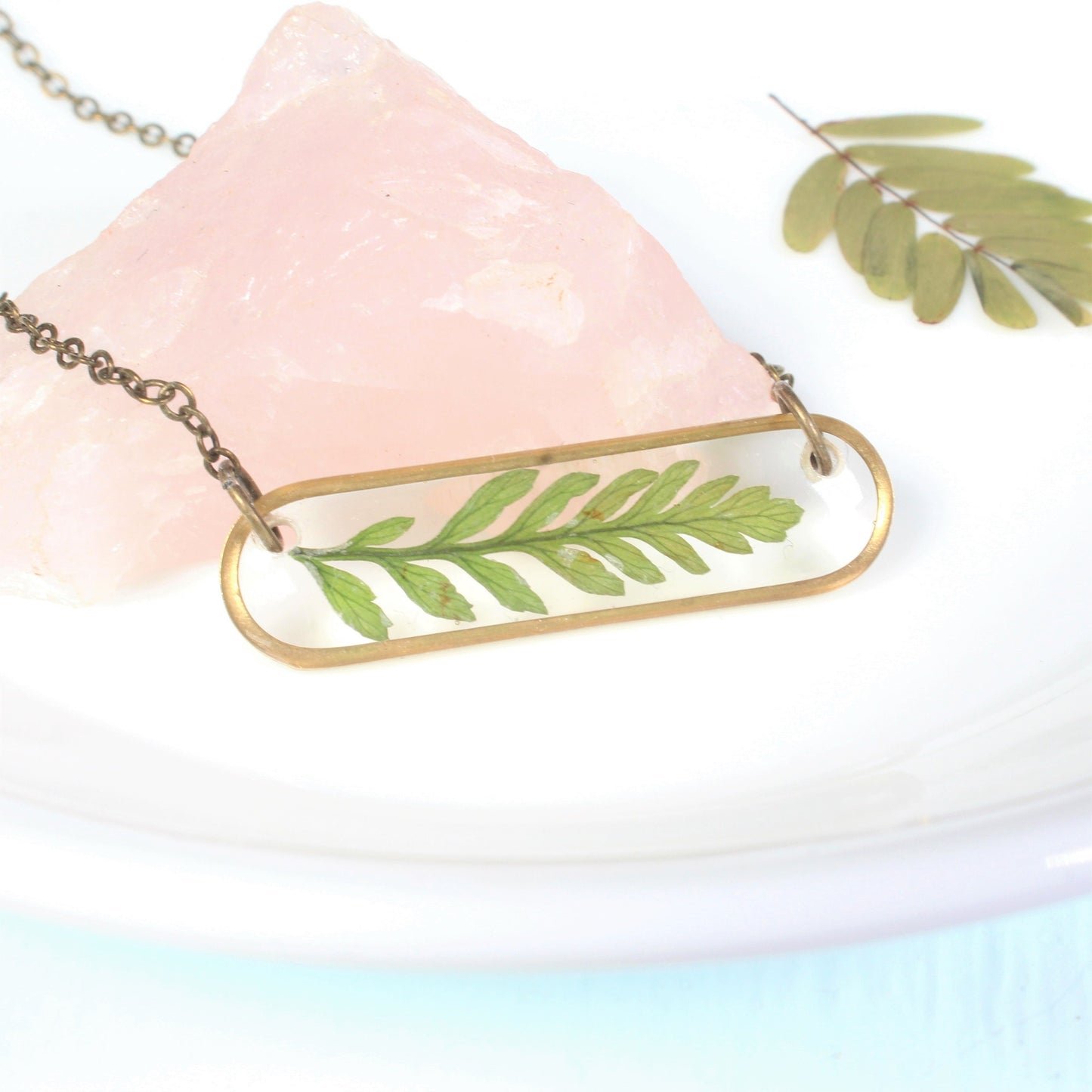 Oval Pressed Fern Leaf Necklace in Brass