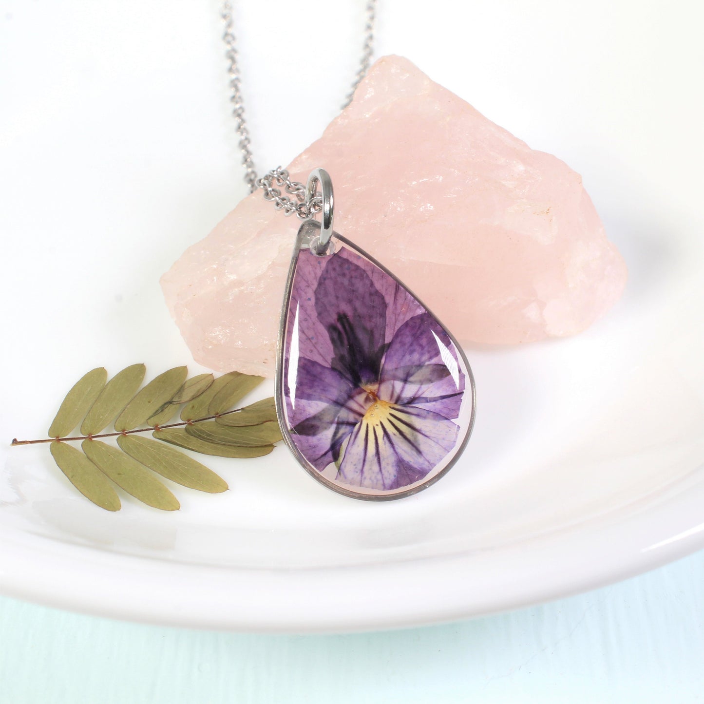Violet necklace, Small pressed flower pendant, real pansy viola, resin, handmade botanical teardrop necklace, February birth flower, nature