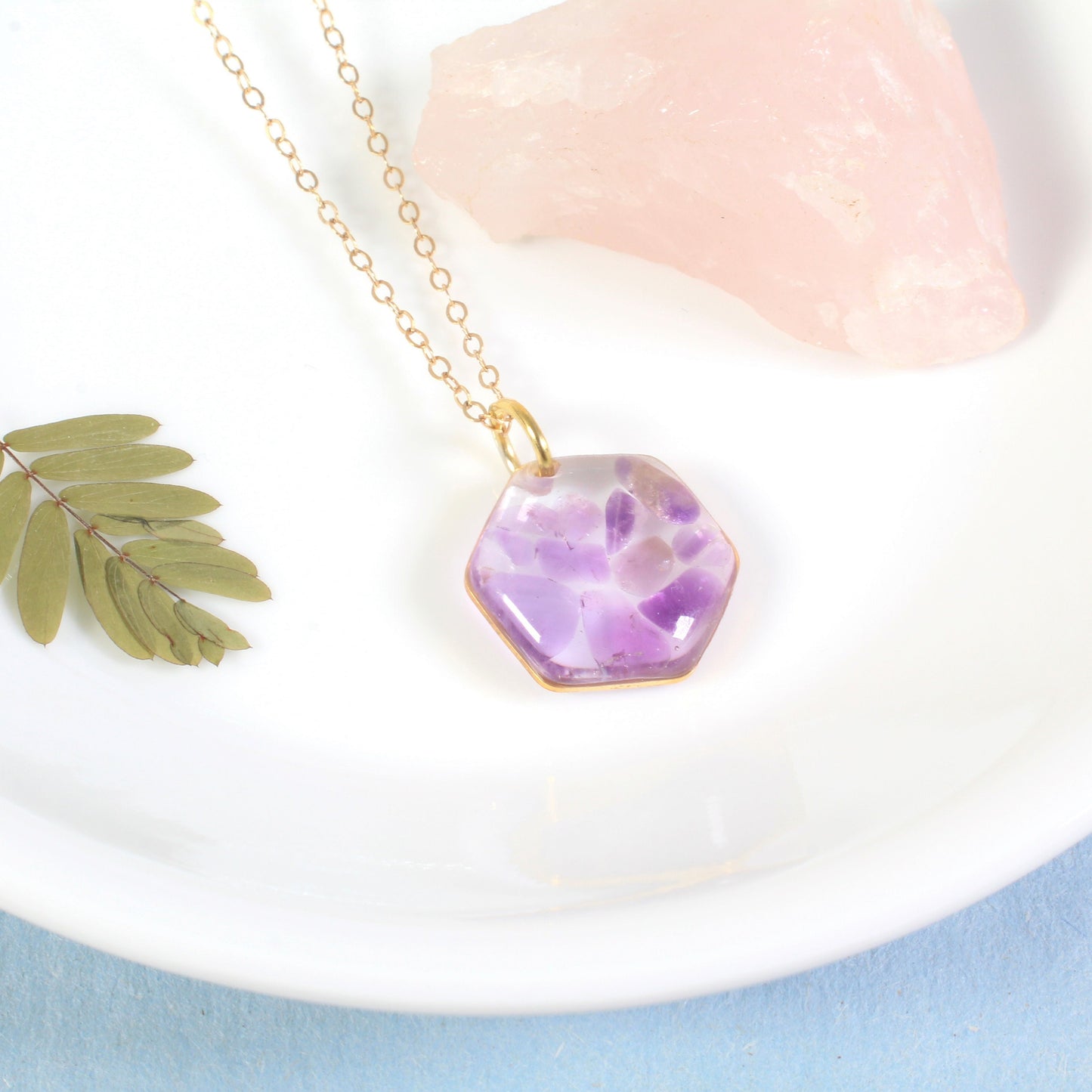 Crushed Amethyst Gemstone Resin Hexagon Necklace