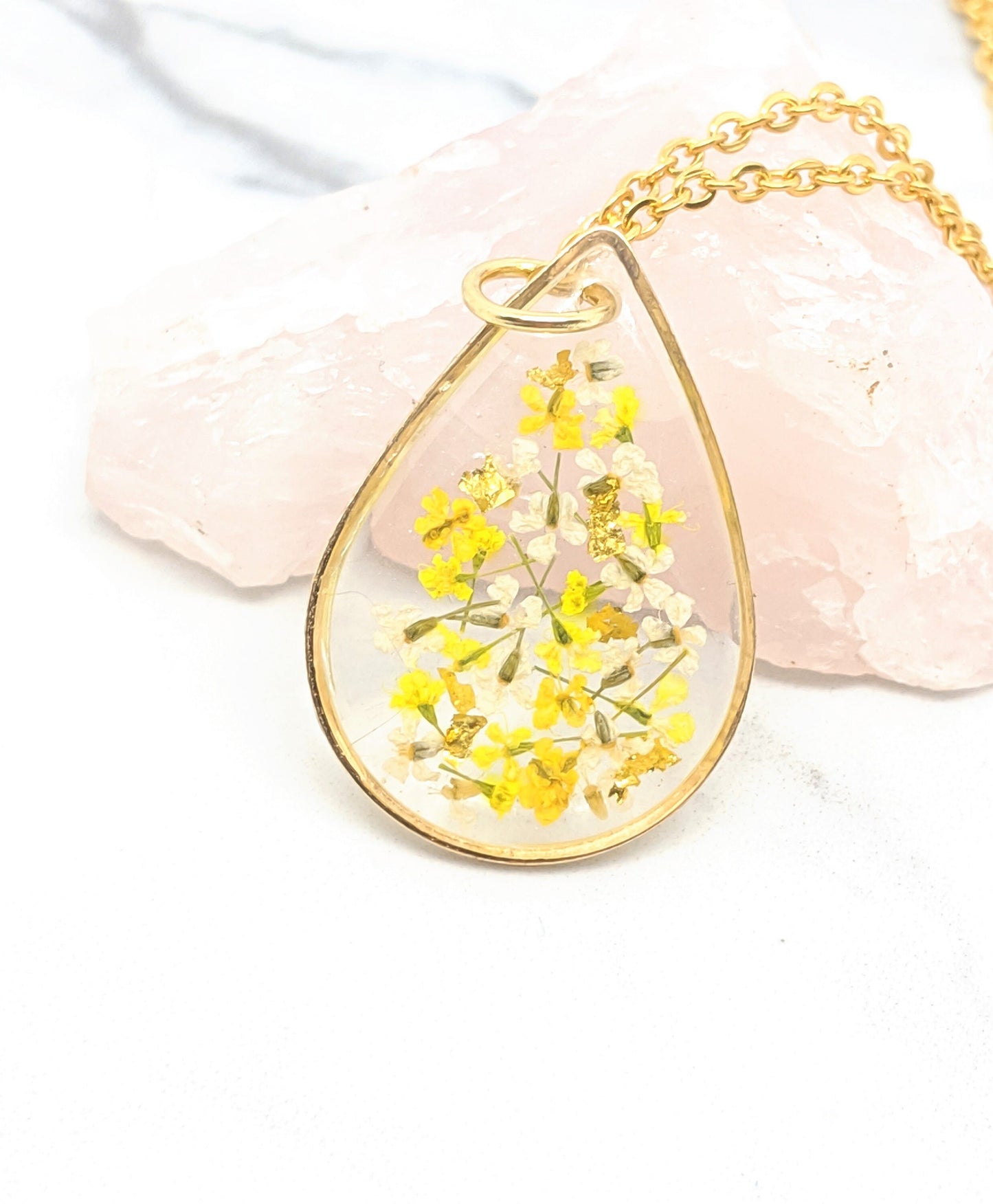 Real Pressed Flower Necklace - Yellow, White, Gold Leaf, Mustard Teardrop Pendant - Pressed Flower Jewelry - Gold Fill Available