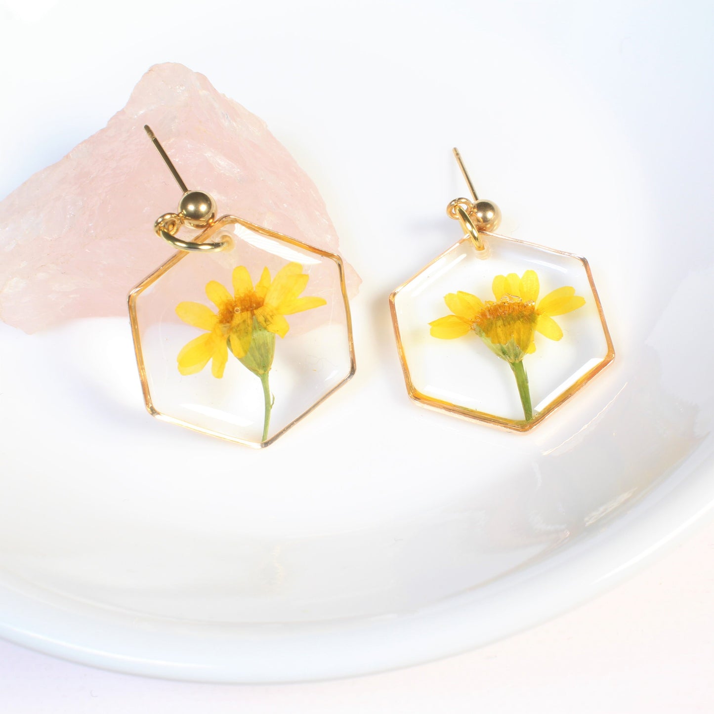 Yellow pressed flower dangle earrings, real daisy resin jewelry, dried floral, handmade, hexagons, wildflowers, March birth flower, daffodil