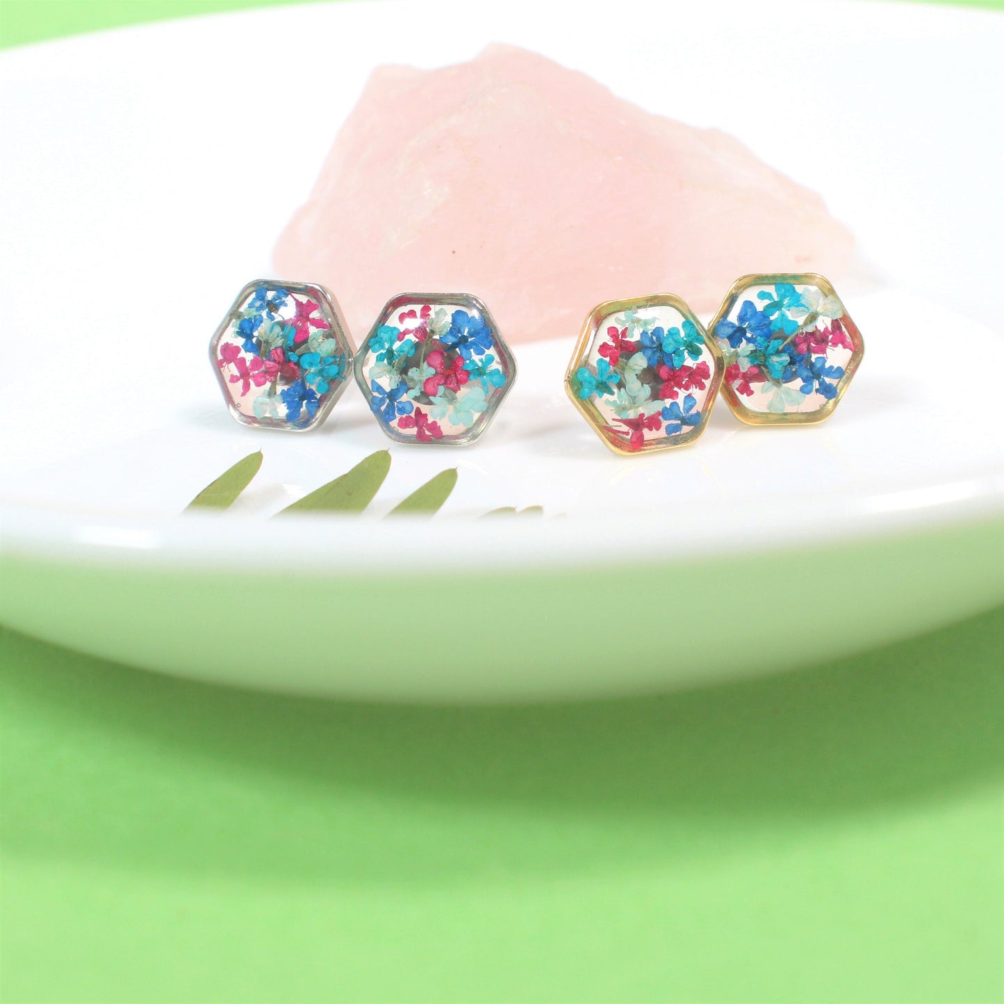 Pressed Flower Studs, Maroon, Teal, Navy Hexagon Studs, Real Flower Jewelry, Dried Flowers, Resin Plant Earrings, Hypoallergenic Titanium