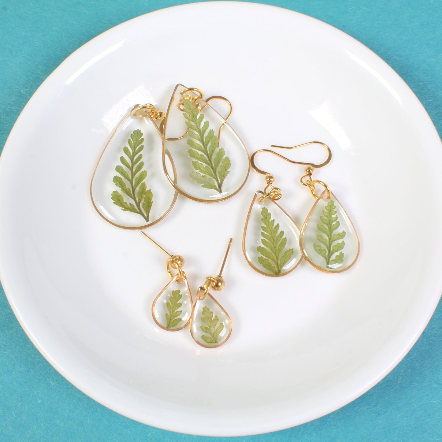 Fern Dangle Earrings, Pressed Leaf Teardrop Earrings, Real Plant Jewelry, Lightweight, Resin, Handmade, Pressed Flowers, Gold, Silver