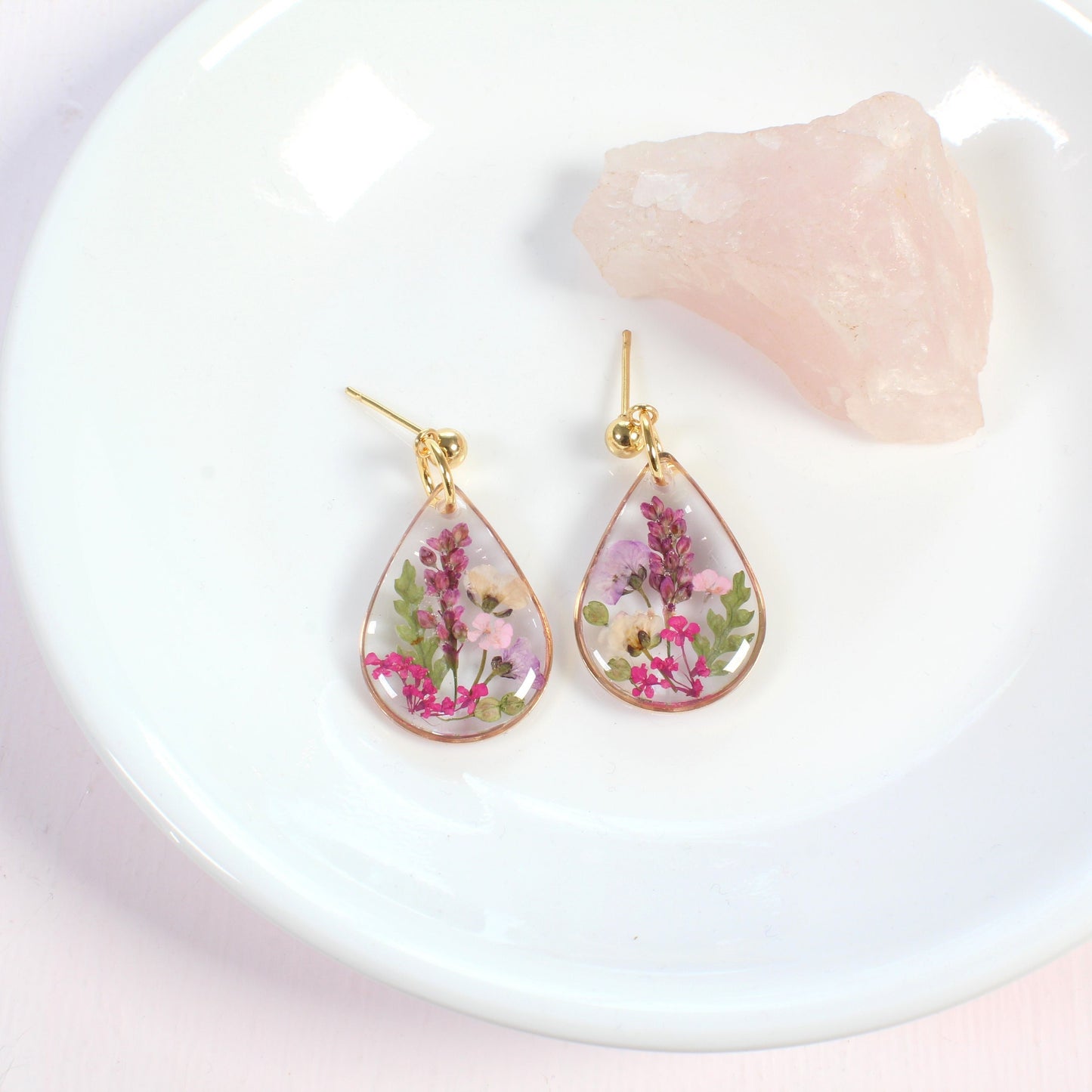 Wildflower earrings, pressed flower dangles, resin jewelry, handmade botanical teardrop studs, pink, purple, gold, silver, nature gift