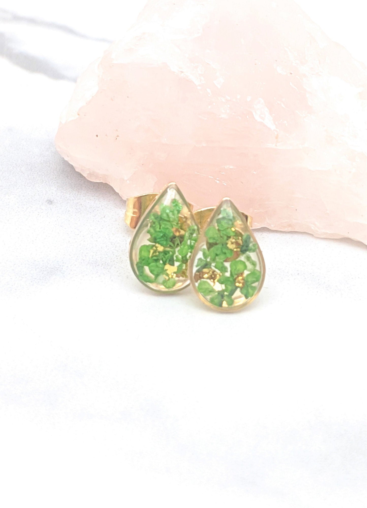 Real Pressed Flower Earrings, Emerald Green & Gold Teardrop Studs, Wildflower Post Earrings, Pressed Flower Jewelry, Green Pressed Flower