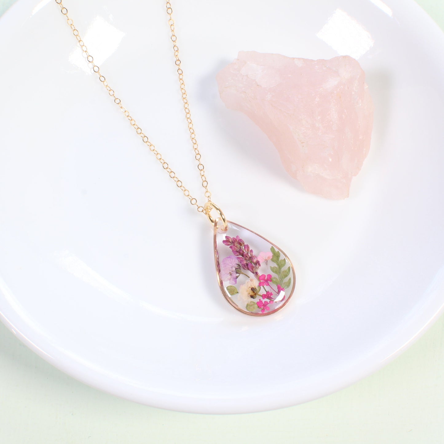 Small Pressed Flower Wildflower Teardrop Necklace