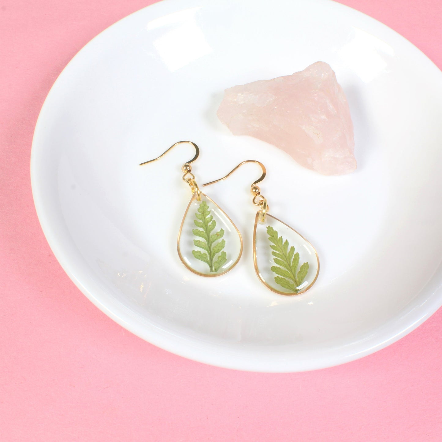 Fern Dangle Earrings, Pressed Leaf Teardrop Earrings, Real Plant Jewelry, Lightweight, Resin, Handmade, Pressed Flowers, Gold, Silver