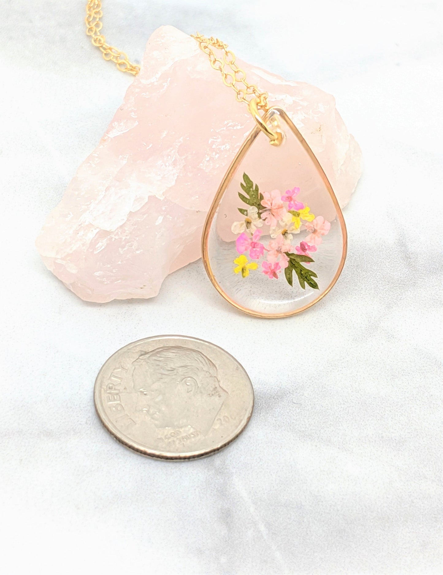 Real Pressed Flower Necklace, Small Teardrop Pendant, Pink & Yellow Bouquet, Gold Fill, Pressed Flower Jewelry, Dry Flower, Flower Girl Gift