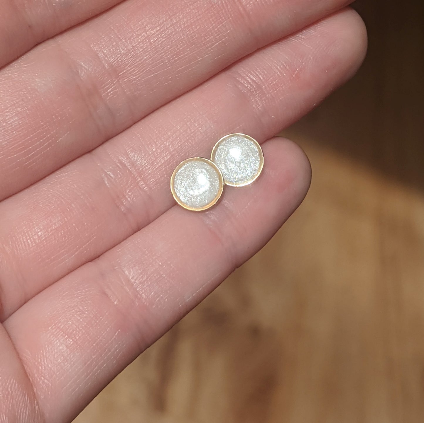 Small Modern Minimalist White and Gold Studs, Resin Earrings, Hypoallergenic Titanium, Geometric Gold Circles, Frosty White, Every day Studs