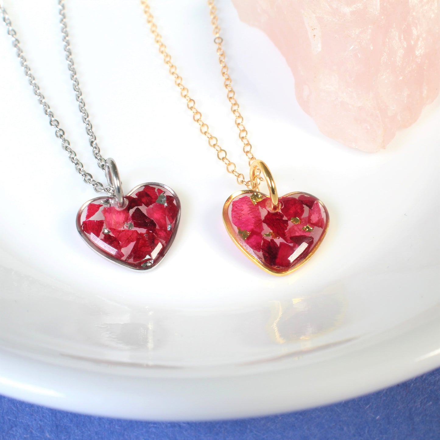 Heart Necklace, Rose Petals in Resin, Gold, Silver, Pressed Flower Jewelry Set, Stud Earrings, Dried Flowers, Mother's Day Gift for Her