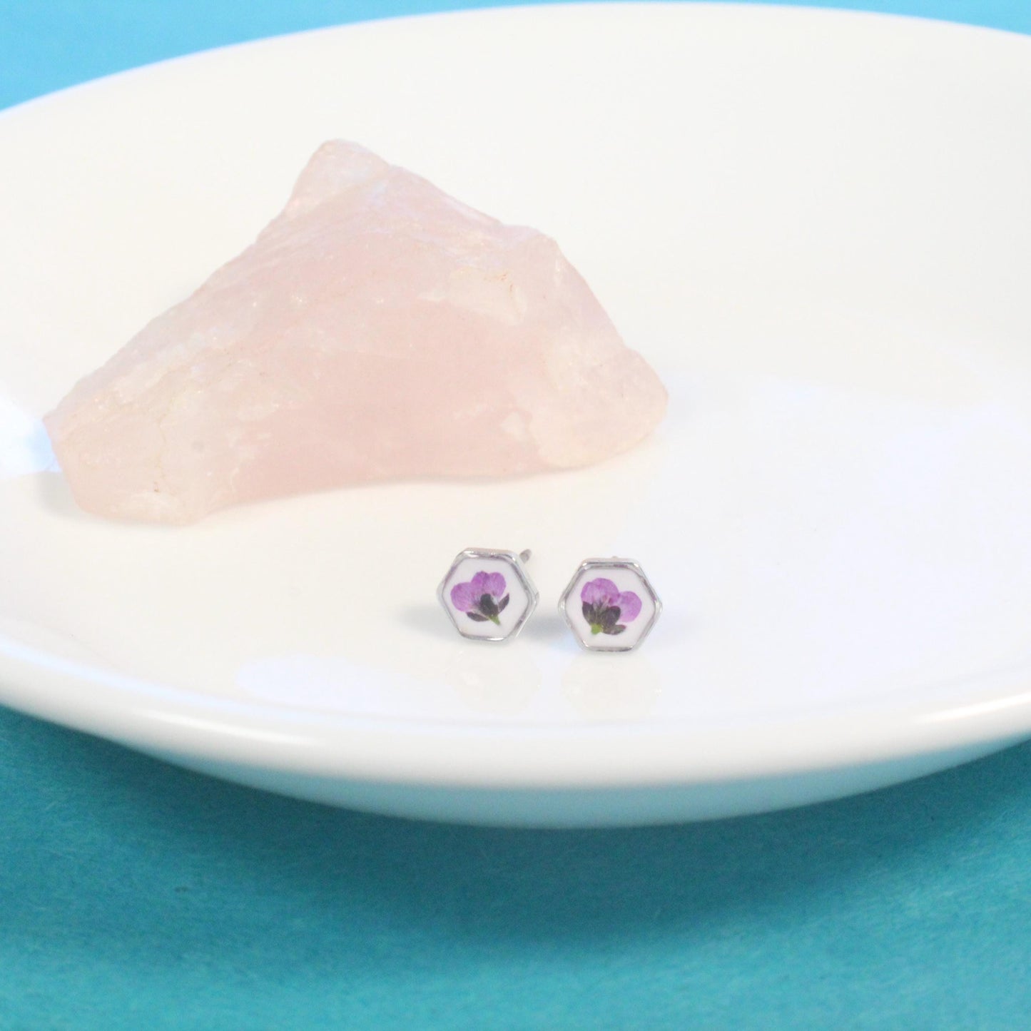 Teeny tiny gold pressed flower earrings, hexagon titanium studs, botanical plant jewelry, nature lover gift, dry flower resin posts, purple