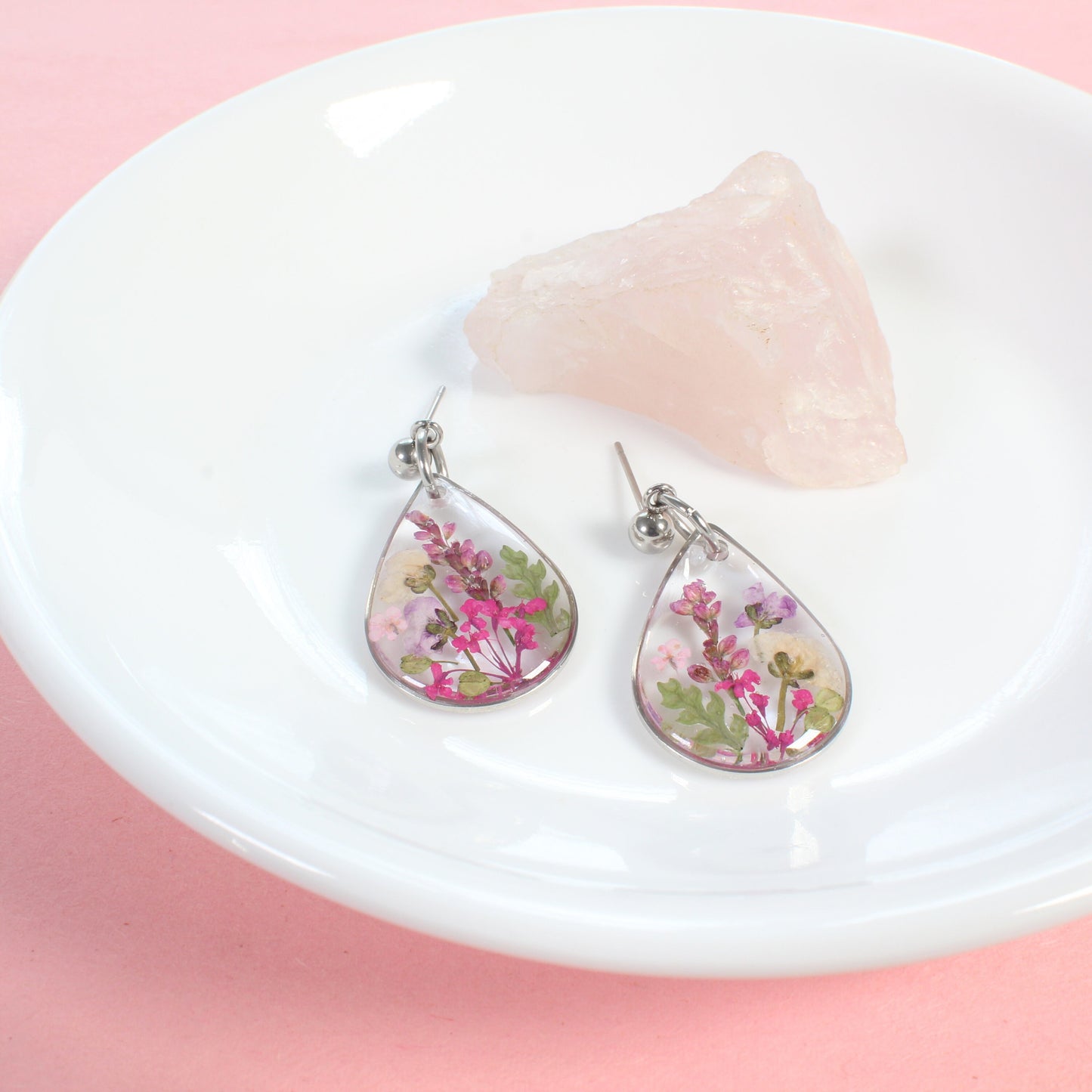 Wildflower earrings, pressed flower dangles, resin jewelry, handmade botanical teardrop studs, pink, purple, gold, silver, nature gift