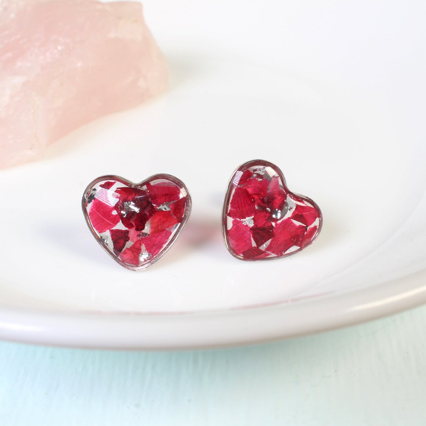 Rose petal heart earrings, real pressed flower studs, crushed rose petals, resin, silver, gold, Mother's day gift for her, heart jewelry