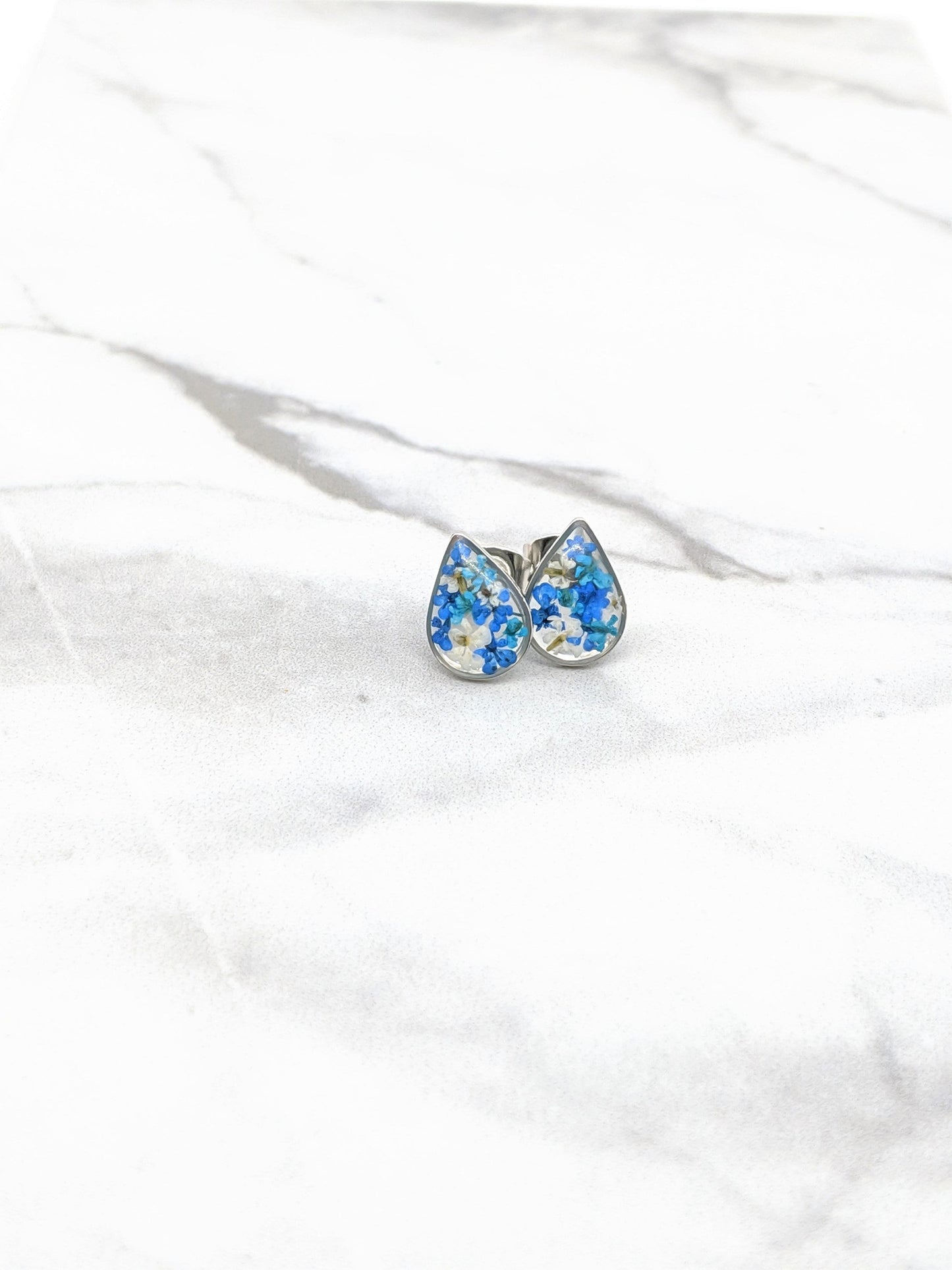 Pressed flower stud earrings, navy blue, teal, white, teardrop studs, hypoallergenic titanium