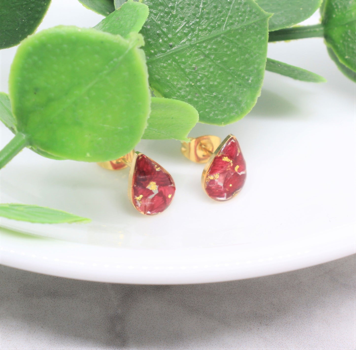 Real Pressed Flower Stud Earrings, Crushed Red Rose Petal Gold Teardrop Posts, Burgundy, Handmade Pressed Flower Jewelry, Bridal, Bridesmaid