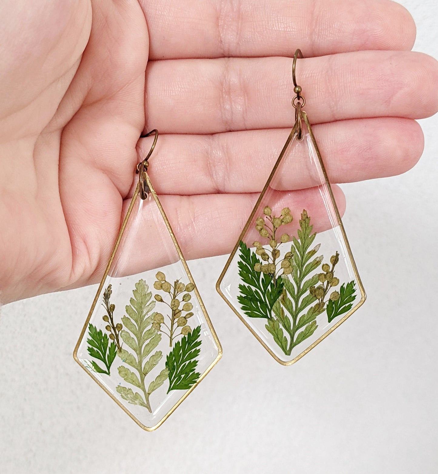 Fern earrings, large plant dangles, terrarium kite statement earrings, real leaf jewelry, resin, nature, forest, woodland, pressed flowers