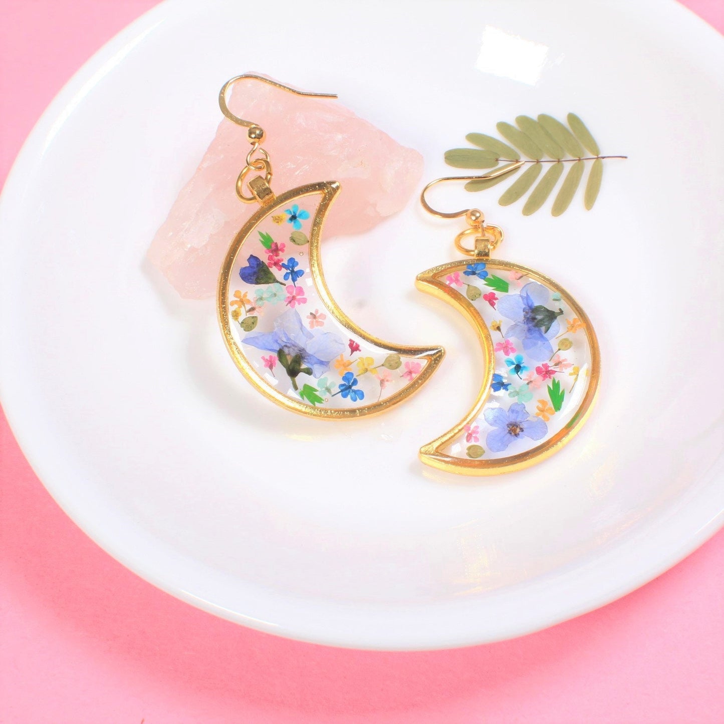 Pressed Flower Moon Earrings, Large Gold Floral Dangle, Resin, Forget me not Flowers, Colorful Dried Flower Earring, Celestial Plant Jewelry
