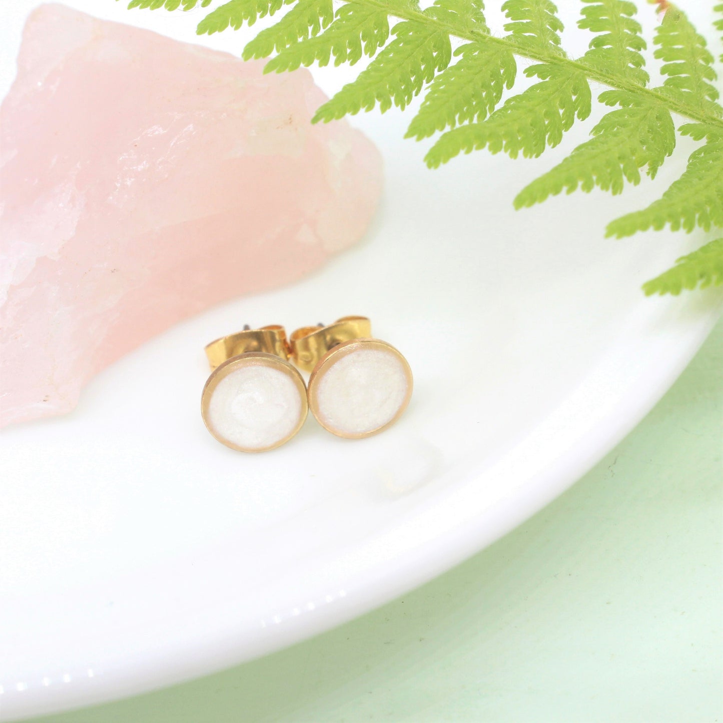 Small Modern Minimalist White and Gold Studs, Resin Earrings, Hypoallergenic Titanium, Geometric Gold Circles, Frosty White, Every day Studs