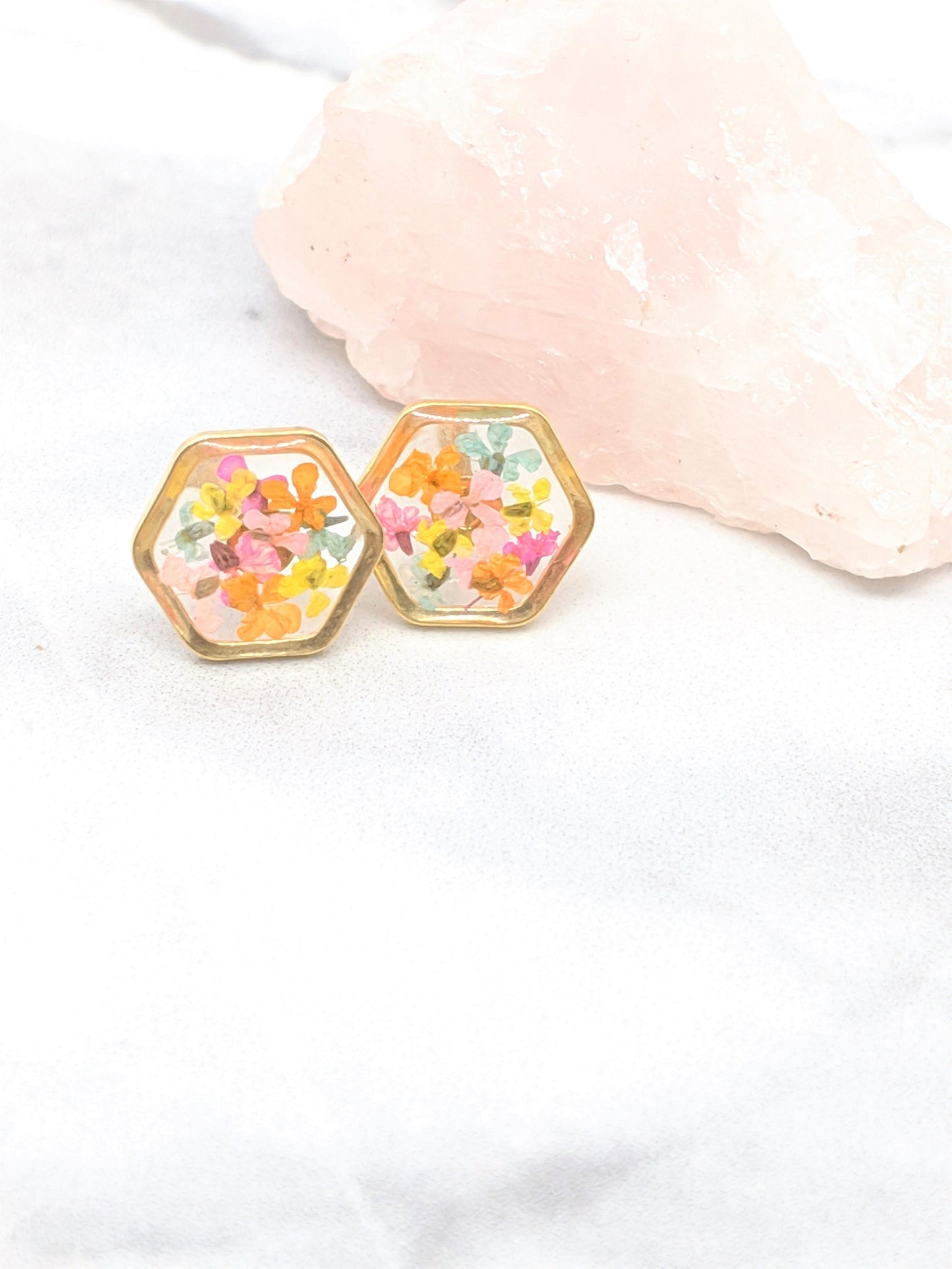 Real Pressed Flower 24K Gold Plated Hexagon Stud Earrings, Pastel Cotton Candy Colors, Dry Flower Jewelry, Titanium posts, Botanical