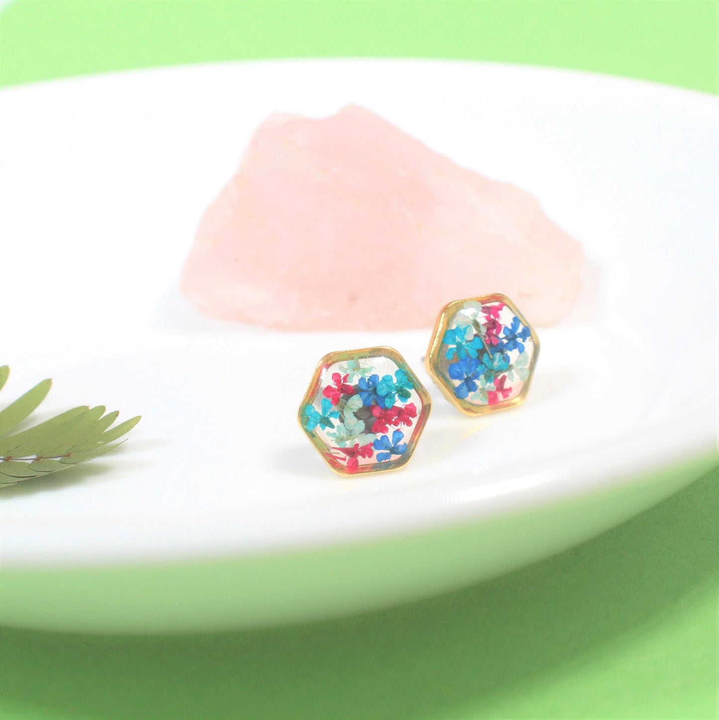Pressed Flower Studs, Maroon, Teal, Navy Hexagon Studs, Real Flower Jewelry, Dried Flowers, Resin Plant Earrings, Hypoallergenic Titanium