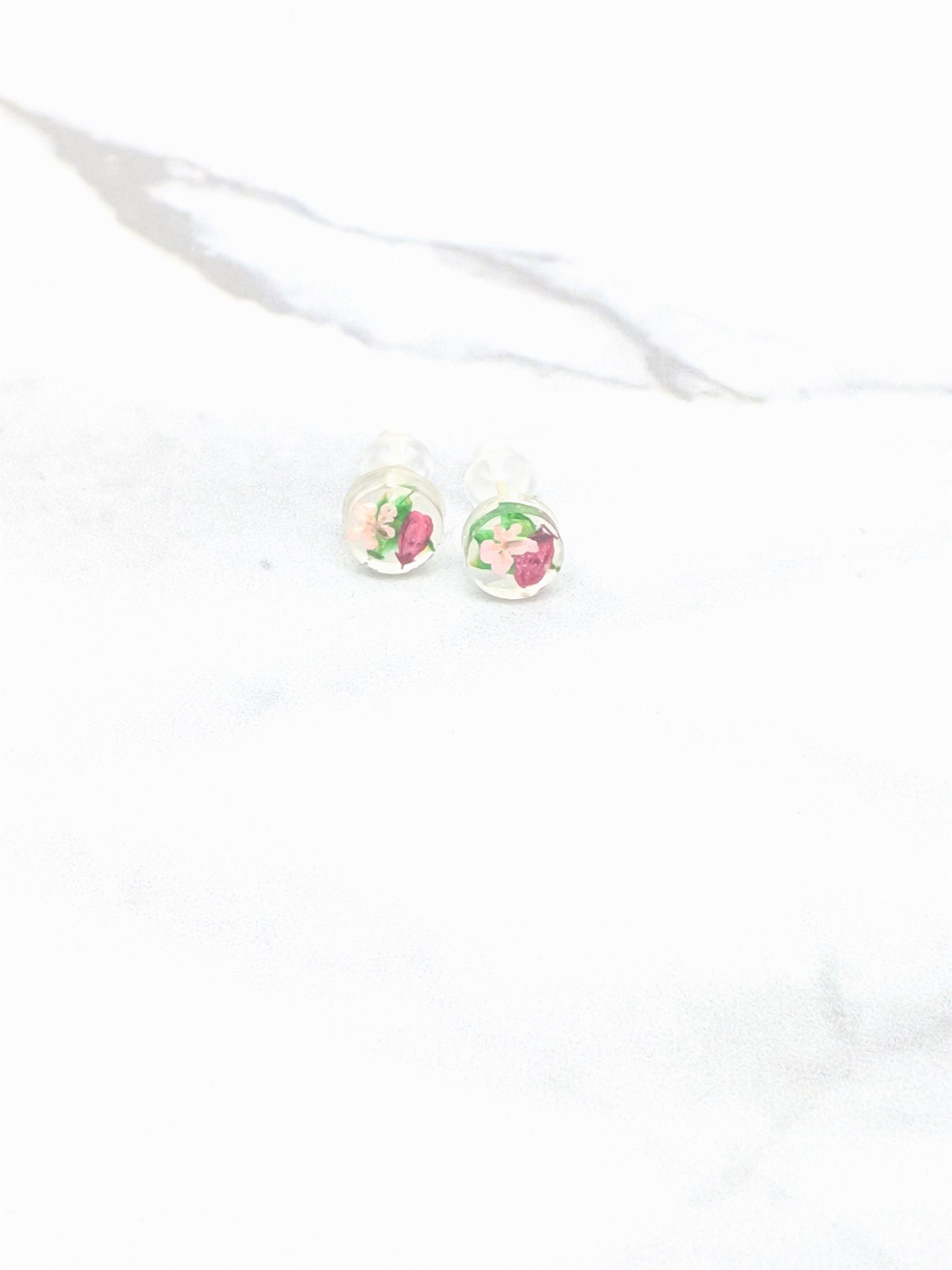 Pressed Flower Earrings, Teeny Tiny Post Earrings in Magenta, Light Pink, and Green, Real Flower Jewelry , Minimalist Posts, Titanium studs